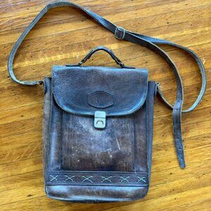 Vintage 60s 70s Brown Leather Shoulder Bag Adjustable Strap Unisex
